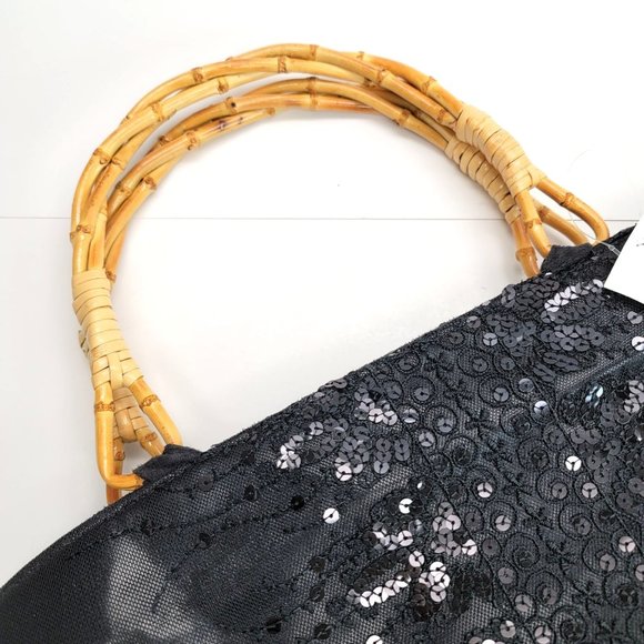 Black Sequin Fabric Tote Handbag with Bamboo Handles and Zip Top DH350 - Picture 2 of 5